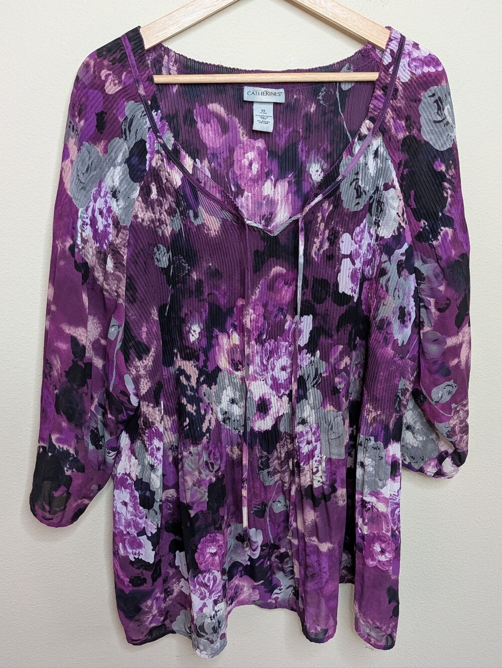 Catherines Purple Floral Crinkle Peasant Blouse - 3X (26/28W)